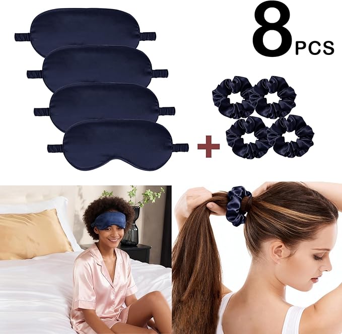 Satin Eye Mask 8Pcs Silk Sleep Masks Silky Blindfold Eyeshade Blackout Eyes Cover Scrunchies Hair Ties Travel Wedding Gifts