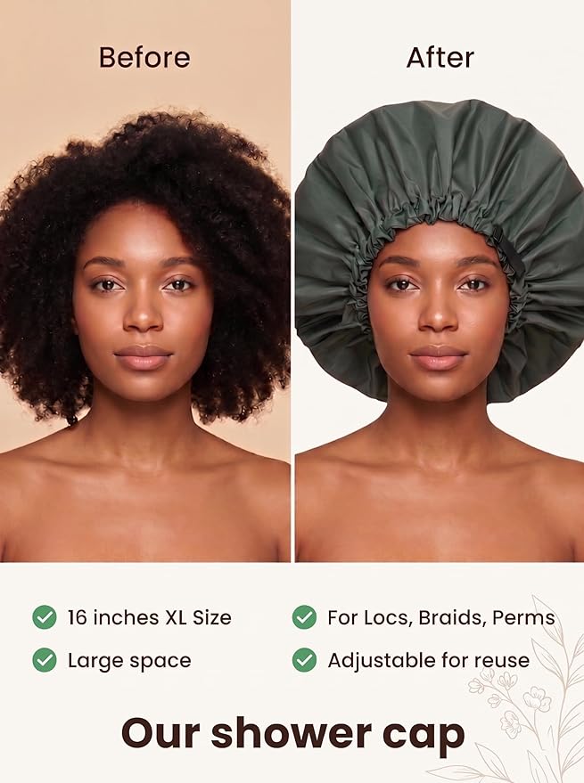 Aquior Shower Cap for Women, Extra Adjustable Shower Caps for Women Double-Layer Waterproof Reusable Hair Cap, Large Size Hair Cap for All Hair,for Girls Spa Bath,Soft and Comfortable (Green)