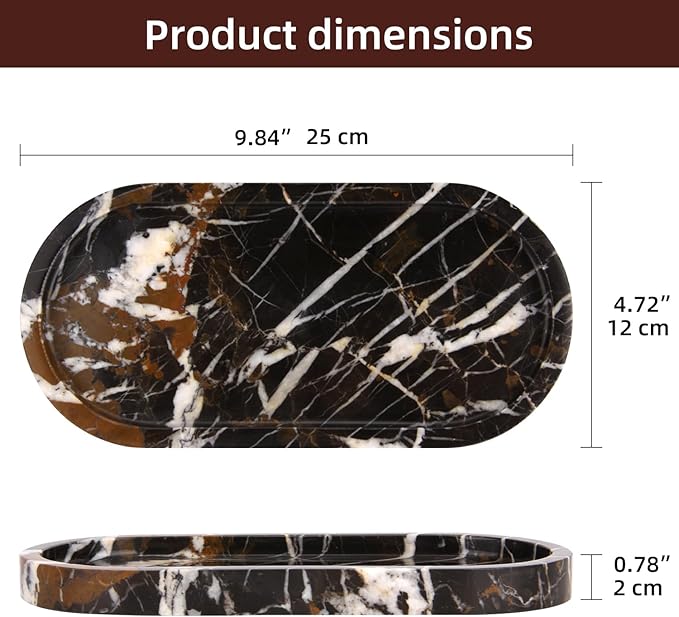 Natural Marble Tray Oval, Bathroom Vanity Tray for Countertop, Elegant Stone Decorative Organizer for Perfume, Jewelry, Home Decor (1, Black Gold, 10 x 5 x 0.6)