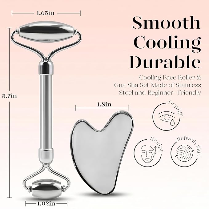BAIMEI Stainless Steel Gua Sha & Face Roller Set, Facial Massage Tool for Face, Neck and Body, Cooling Metal Skin Care Tools for Depuffing Routine,Self Care Gift for Women