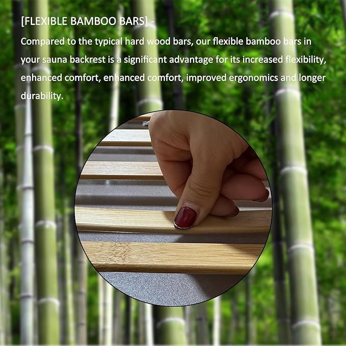 Adjustable-Height Sauna Backrest with Neck Pillow – Natural Bamboo Build & Anti-Slip Rubber Pads, Single-Pack Sauna Accessory with Sauna Hat and Sauna Seat Pad