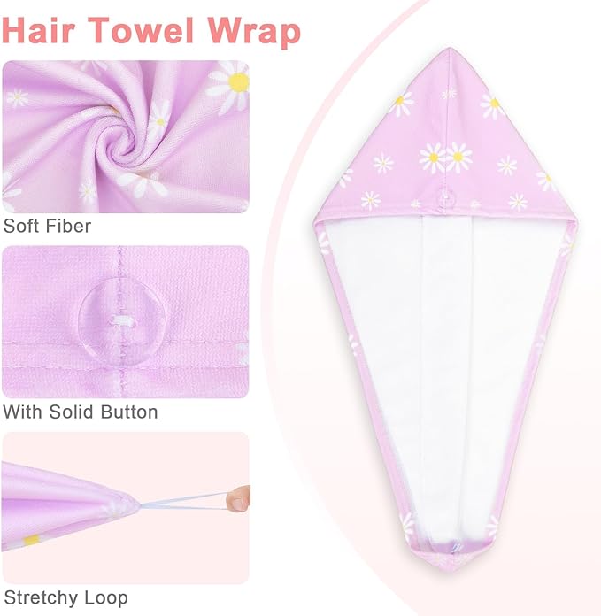 Unicorn Castle Microfiber Hair Towel for Kids 2Pack Hair Wrap Towels Absorbent Hair Drying Towel Wrap Hair Turbans for Curly Thick Hair, Purple Pink Daisy