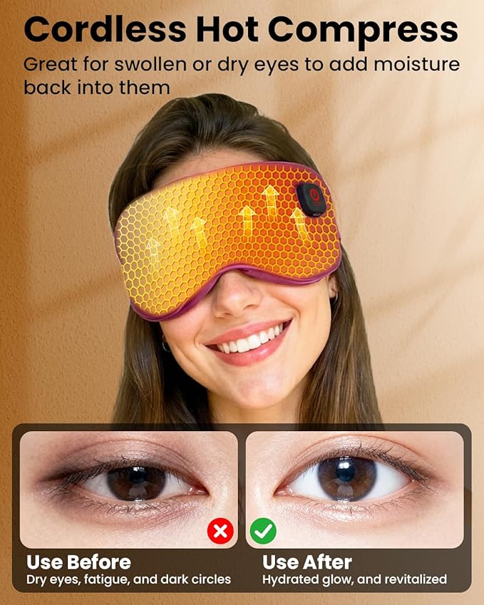Cordless Heated Eye Mask with 1500mAh Large Battery, 4 Heat Levels & 100% Blackout for Dry Eyes Relief, Fast Heating Eye Heating Pad with 2 Washable Covers for Sleep, Travel, MGD, Blepharitis