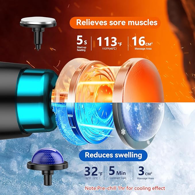 Back Massager with Heat & Cold Therapy, Foldable Deep Tissue Massage Gun for Back & Shoulders, Cordless Percussion Massager for Pain Relief, 9 Speeds, 10 Heads
