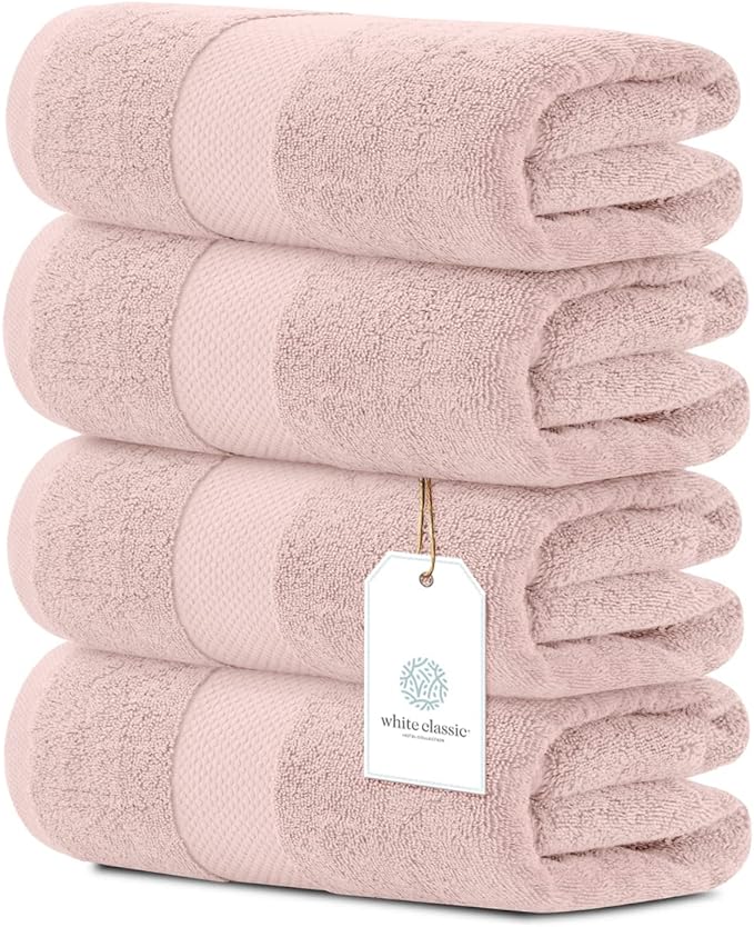 White Classic Luxury Bath Towels Set of 4 Large - 700 GSM Cotton Ultra Soft Bath Towels 27x54 | Highly Absorbent and Quick Dry | Hotel Towels for Bathroom Luxury, Plush Shower Towels, Pink