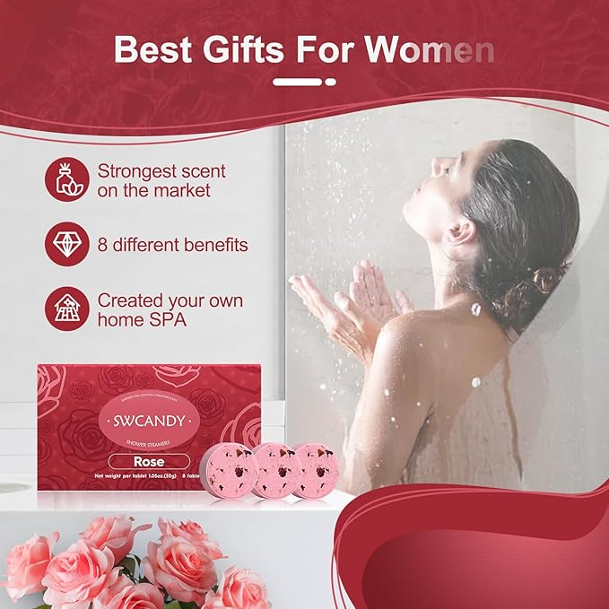 SWCANDY Shower Steamers Aromatherapy Birthday Gifts for Women Travel Essentials, 8 Pcs Rose, Bath Bombs Shower Bombs with Natural Essential Oils, Relaxation Home SPA