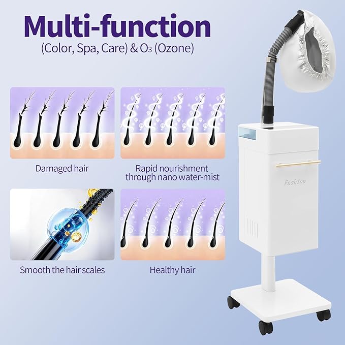 600W Vertical Nano Hair Steamer Dyeing Machine, Hair Oil Machine Freestanding Ozone Micro Mist Hair Steamer with Steam Cap and Hose Attachment for Salon Spa Equipment (White)