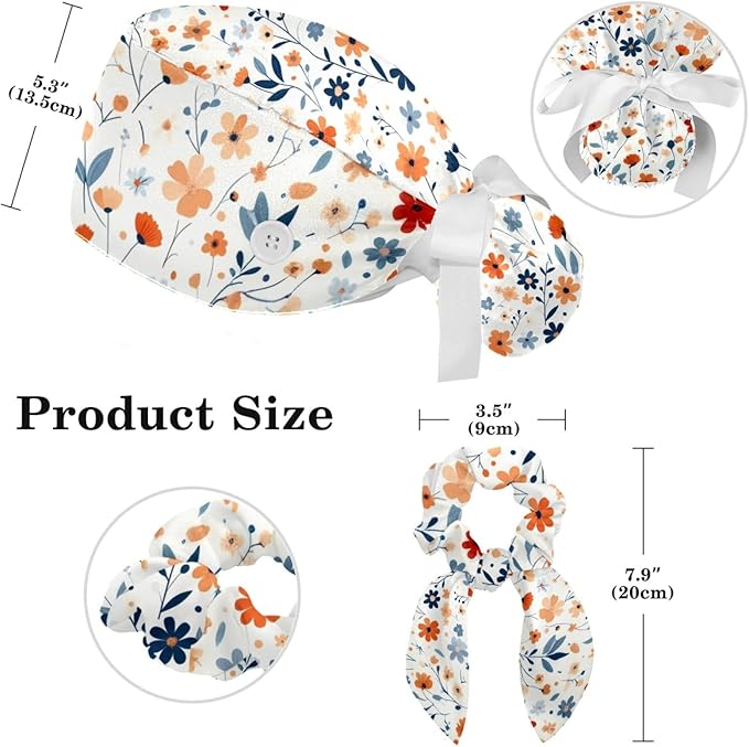 Scrub Caps Women Nursing Hats Floral Flowers with Buttons Ponytail Working Adjustable Pouch Tie Back
