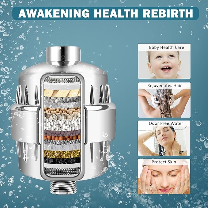 FEELSO 18 Stage Shower Filter, Upgraded High Output Universal Shower Head Water Softener Filter for Hard Water Remove Chlorine Fluoride Heavy Metals Sediments Impurities