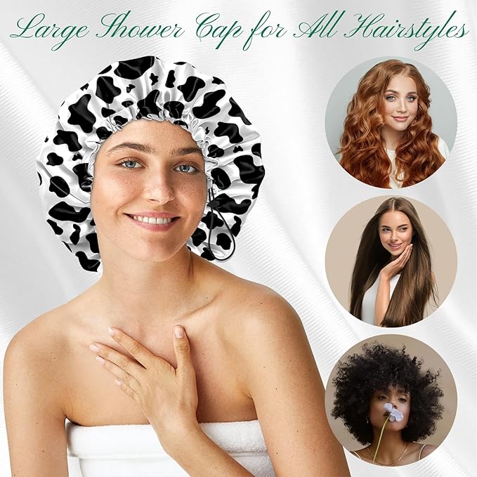 2 PCS Shower Cap Waterproof Double Layer Elastic Adjustable Reusable Hair Bath Caps for Girls Women Cute Aesthetic-Black White