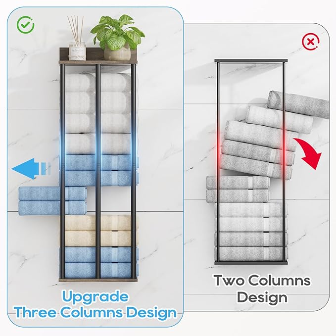 Towel Racks for Bathroom Wall Mounted with Wooden Storage Shelf, Updated 3 Bar Metal Towel Holder for Rolled Towels, Sturdy and Large Capacity, Towel Storage Organizer