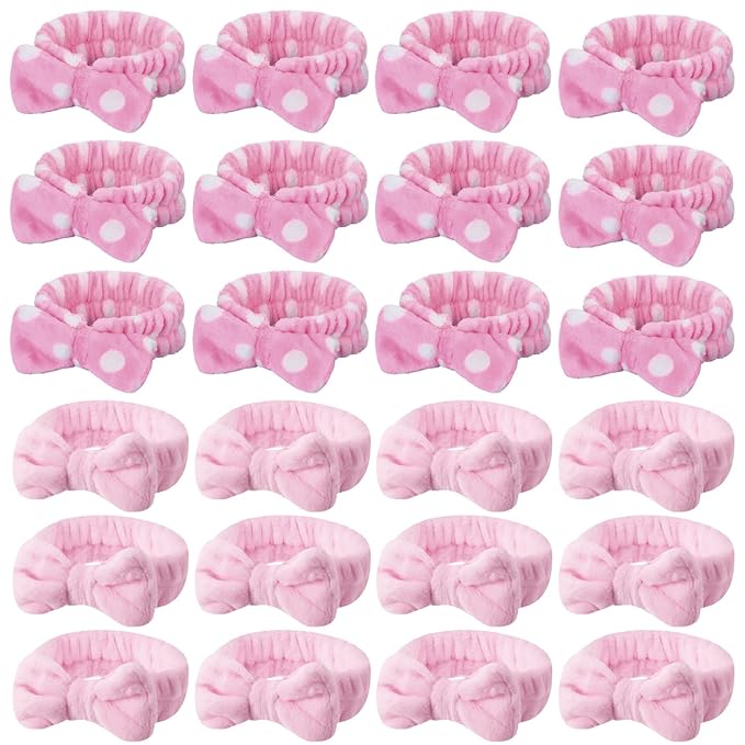 WILLBOND 24 Pieces Spa Headband Bulk Skincare Headbands Face Wash Makeup Hairband Bow Facial Washing Face Head Wraps Adjustable Soft Flannel Towel for Women Shower (Sweet)