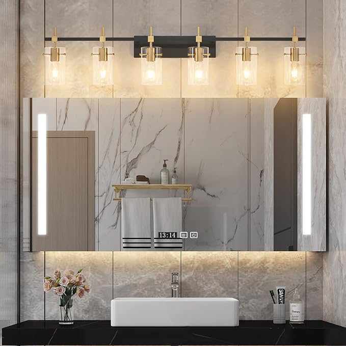 SOLFART 49.2 inch Vanity Light fixtures Vintage 6 Lights Wall Light Fixtures Above Mirror for Bathroom Brass and Black with Clear Glass Shade (Exclude Bulb)