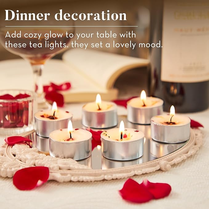 16 Pack Rose Tealight Candles with Real Dried Petals, Natural Soy Wax, 6-Hour Burn Time for Home, Wedding or Bath Decor