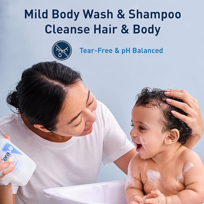 CeraVe Baby Wash & Shampoo, 2-in-1 Tear-Free for Skin Hair Fragrance, Paraben, Dye, Phthalates Sulfate Free Bath, Soap with Vitamin E 16 Ounce