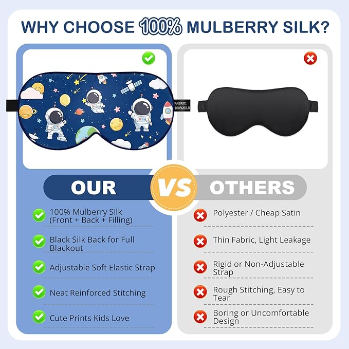 Kids Silk Sleep Mask: 100% Mulberry Silk Eye Mask with Adjustable Strap, Cute Sleeping Blindfold for Boys Girls Teens, Soft & Lightweight Eye Shade for Travel, Nap, Bedtime (Space Style)