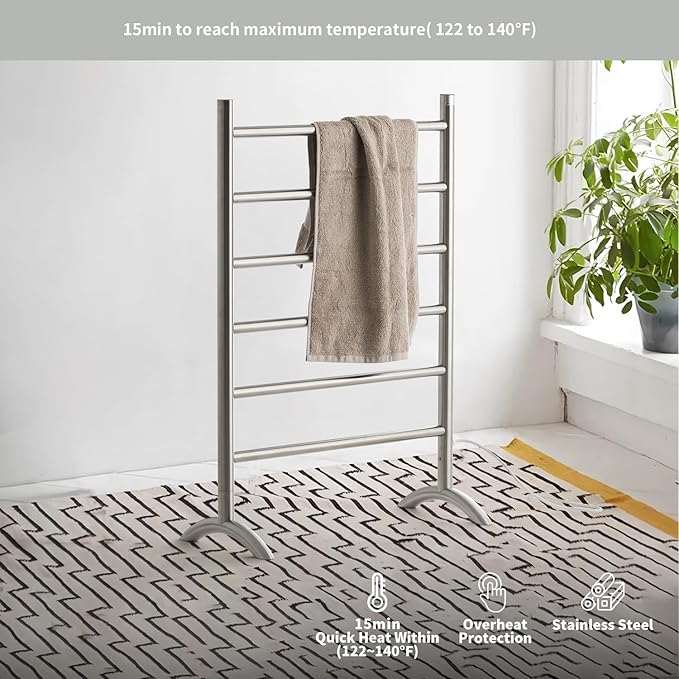 Freestanding Towel Warmer 6 Bars Plug-in Option 3 Working Modes with Top-Mounted Timer Brushed Stainless Steel 24” W 34” H