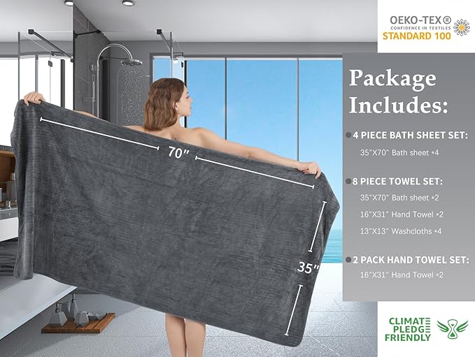 Bath Towel Set 8-Piece Premium Bathroom Towel Set,Extra Soft 2 Oversized Large Bath Sheet 35"x70",2 Hand Towel 16"x31",4 Washcloths 13"x13",Highly Absorbent Quick Dry Microfiber Towel (Grey)