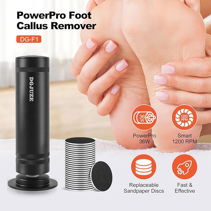 PowerPro Electric Foot Callus Remover,36W Professional 1200rpm Heavy Duty Metal Grinder for Dead Skin Automatic Foot Sander with 60pcs Sandpaper Pads for Home Use Pedicure Tool(Black)