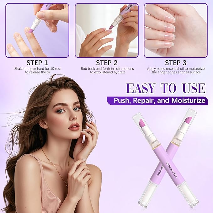3PCS 2-in-1 Cuticle Oil Pusher Pen, Ceramic Cuticle Pusher & Oil Pen, Nail Care Tool for Dry Damaged Nails Hangnails Moisturiz Polish Brighten