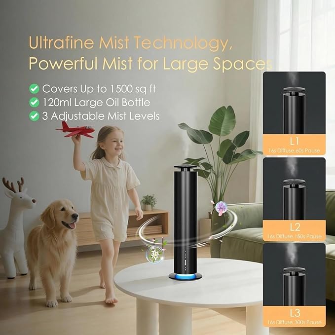 Waterless Essential Oil Diffuser, Long Lasting Aromatherapy Scent Diffuser for Home with Light Mode, 1500 Sq. Ft Coverage Quiet Oil Diffusers for Bedroom, Office, Included 5 Scent Oils(3.3OZ), Black