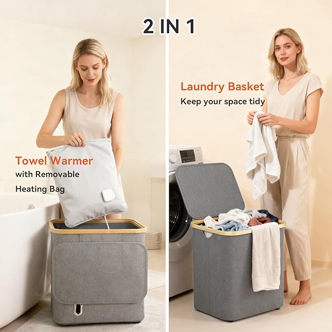 Towel Warmer & Laundry Basket 2-in-1, Foldable Towel Warmer for Bathroom with Removable Heating Bag, 20/40/60Mins Fast Heating, Auto Shut-Off, Fits 3 Large Towels Blankets, Ideal Xmas Gift