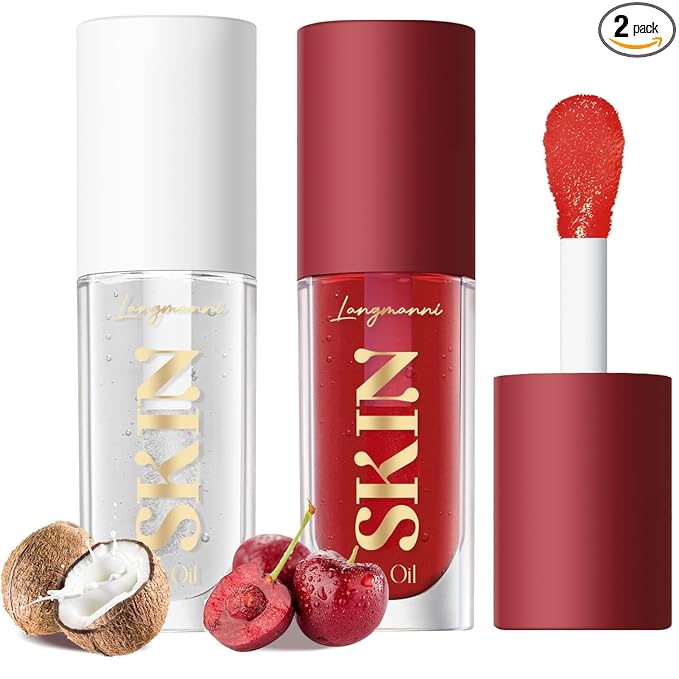 LANGMANNI Moisturizing Lip Oil,No-Sticky Lip Gloss Lip Balm Lip Care,Fruit Flavoured Lip Oil For Dry Lip's Moisturizing Hydrating And Nourishing ((Cherry+Coco))