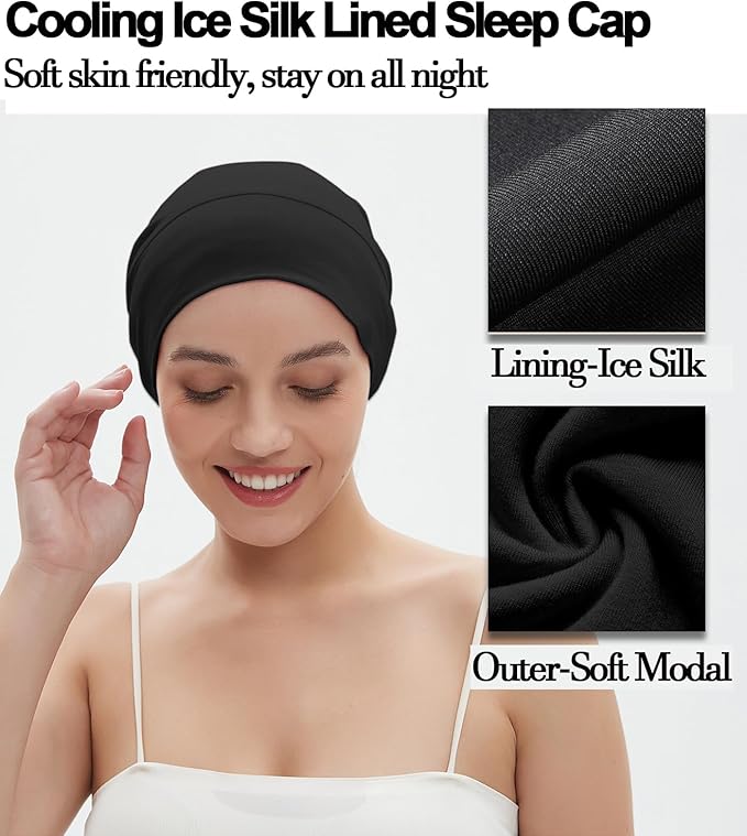 Sleep Cap Bonnet for Sleeping Black Women, Adjustable Cooling Ice Silk Lined Bonnet for Curly Braids Hair Cover Beanie Hat