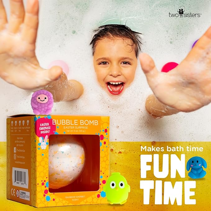 Easter Bath Bombs for Kids with Surprise Squishy Toys Inside (1 Pack) - Easter Basket Stuffers and Essentials - Releases Bubbles & Colors, Moisturizing, Large Bath Bomb for Girls & Boys by Two Sisters