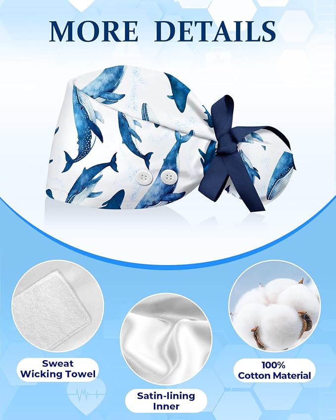 Plifal 100% Cotton Scrub Cap with Buttons-Nurse Cap with Sweatband for Women, Adjustable Working Hat,Satin Lined or Unlined
