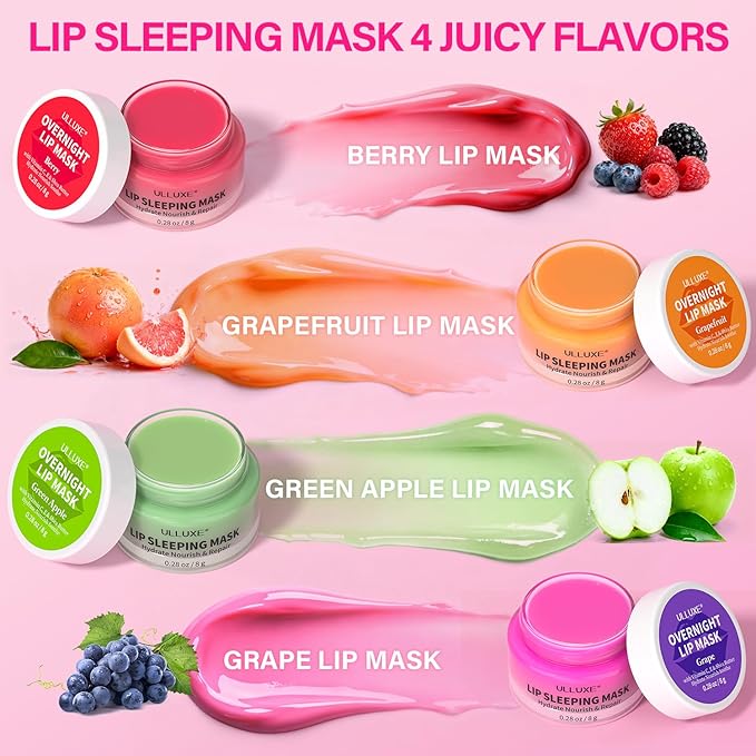 Lip Mask Set 4 Pcs, Mothers Day Gifts for Mom, Wife, Lip Care Products for Women & Teen Girls, Overnight Lip Masks to Hydrate, Nourish & Soften Lips, Lip Sleeping Mask to Moisturize Cracked Lips