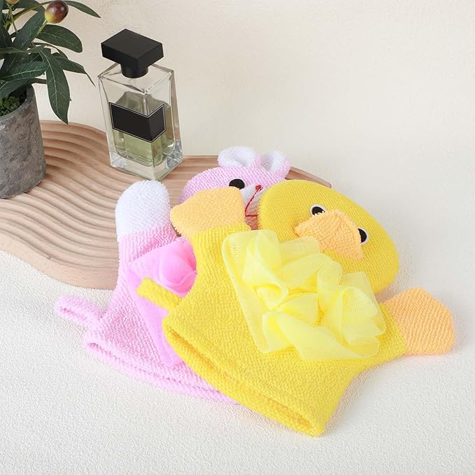 JIEYAO 2 Pcs Bath Mitt Washcloths Gloves, Cute Cartoon Exfoliating Glove Body Scrubber, Gentle Soft Scrub Bath Loofahs Sponges for Shower Wash Cute Design Glove Easy to Lather(Pink Rabbit Yellow Duck)