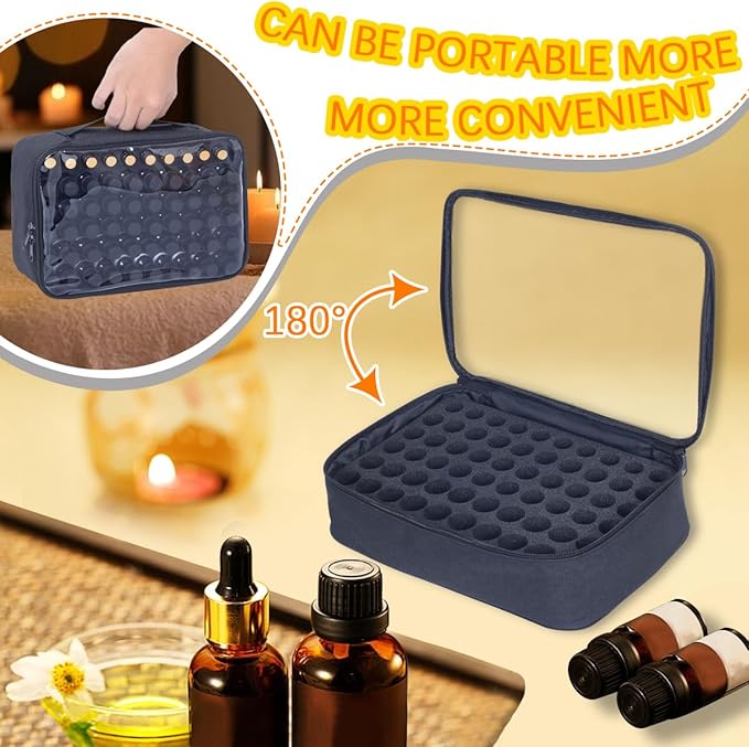 Essential Oils Carrying Case Holds 60 Grids for 1-3ML Roller Bottles 5ml, 10ml, 15ml Bottles Storage Organizer Bag Transparent, Essential Oil Bag with Detachable Sponge Pad Black
