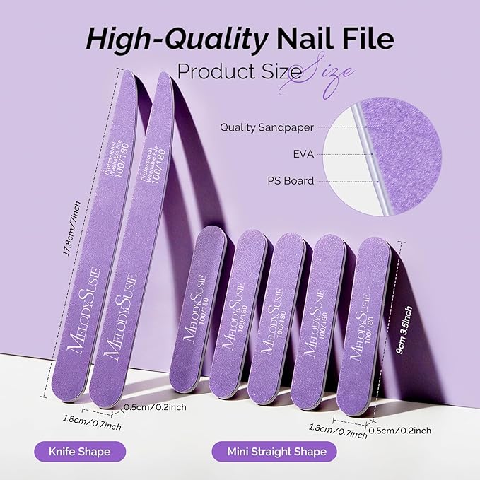 MelodySusie Nail File Kit, 7Pcs Double Sided 100/180 Grit Mixed-Shape Emery Boards for Nails, Professional Manicure Pedicure Supplies for Home and Salon Use, Mothers Day Gifts, Purple