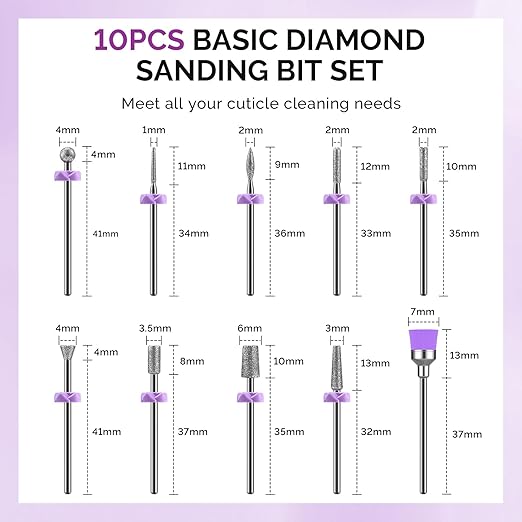 MelodySusie Nail Drill Bits, 10Pcs Diamond Sanding Bit Set with 40pcs Sanding Bands (#120#180#240 Grits) with 6.65mm Mandrel Bit, Nail Gel Polish Remover Tool for Acrylic Nails Manicure Nail Prep