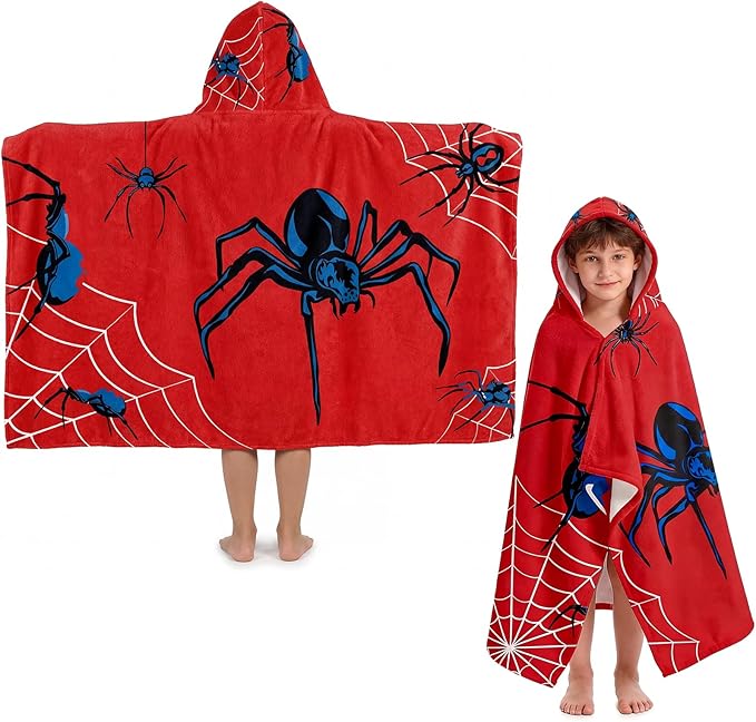 Peryiter 1 Pcs Spider Hooded Bath and Beach Towel 100% Cotton Pool Towels Wearable Bath Poncho Wrap for Swimming Shower Pool Travel Trips Vacations Cozy Absorbent Soft Beach Blanket