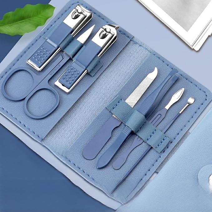 Manicure Set, 7 in 1 Professional Nail Clippers Scissors Pedicure Kit, Stainless Steel Nail Care Tools with Case, Portable Manicure Grooming Kit Christmas Stocking Stuffers Gift for Women (Blue)