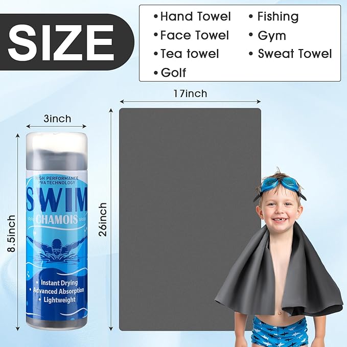 SmoothNovelty 2 Pack Swim Chamois Towel Water Absorbent Quick Dry Towel Shammy Chamois Cloth for Swimming Car Drying Diving Water Sports Beach Shower Pool Swimmer Gift