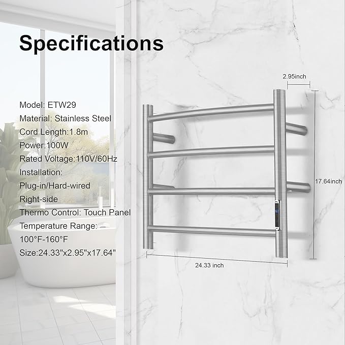 Towel Warmer with Built-in Timer for Bathroom Wall Mounted Bath Towel Heater Plug-in Electric Heated Towel Rack Brushed ETW29