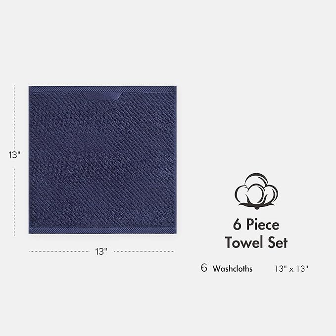 Madison Park 6-Piece Towel Washcloths Set for Bathroom 13" x 13" Diagonal Ribbed, Navy - 100% Cotton Soft Quick Dry & Absorbent Gift | Zero Twist, 500 GSM, Oeko-TEX, Hotel Quality