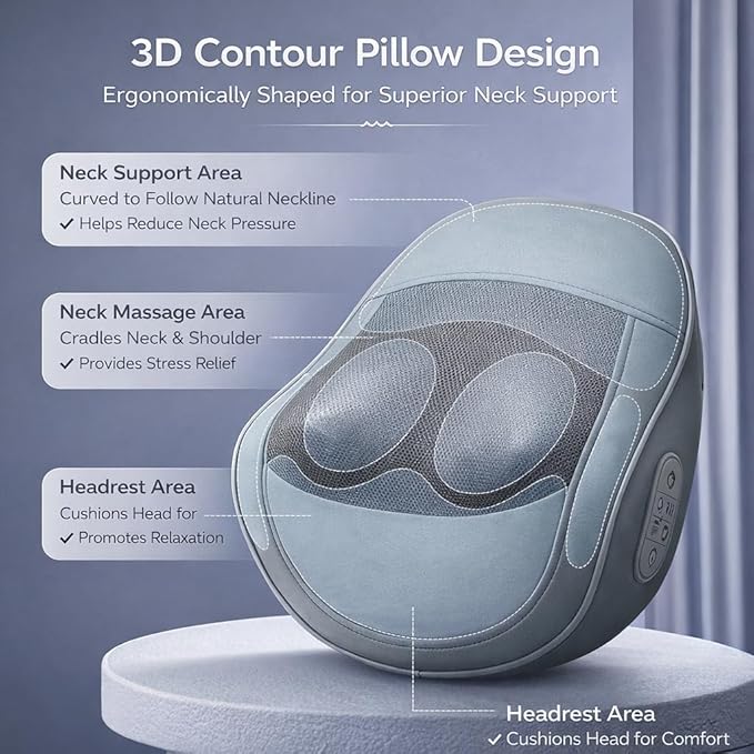 Back & Neck Massager with Heat for Pain Relief, 3D Deep Kneading Massage Cushion for Upper & Lower Back, 3 Intensity Levels, 3 Heat Settings, 15/20/30 Min Auto-Off, Ergonomic Lumbar Support