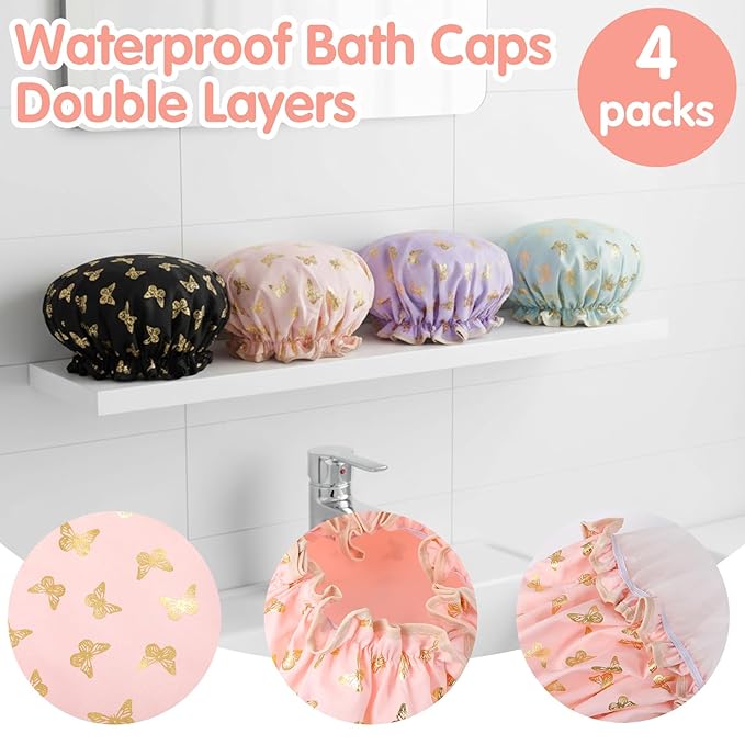Yuanchu 4 Pcs Waterproof Shower Caps for Women, Elastic Band Bath Caps Reusable Shower Hat Double Layer Shampoo Cap for Washing Hair Bathing SPA Makeup Cooking