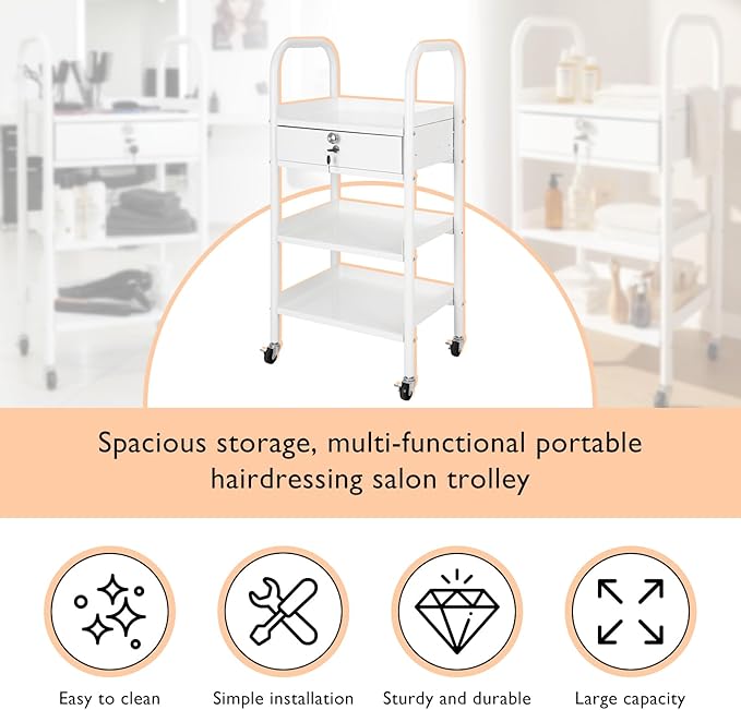 LEIBOU Beauty Salon Trolley Cart Hair Station with Wheels, Tray Cart with 1 Drawer & 2 Trays, Medical Esthetic Supply Holder for Massage Tattoo Facials