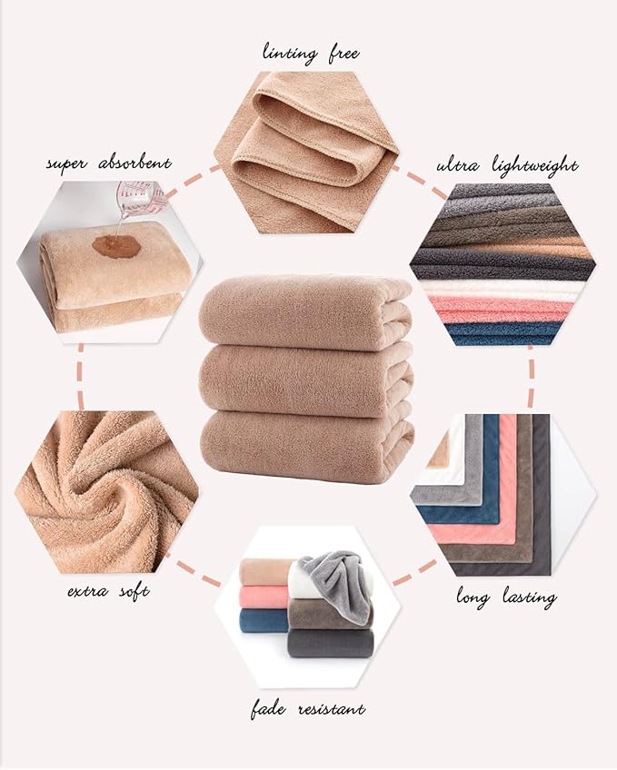 Lumimi Towels 3 Piece Very Soft Microfiber Bath Towel Set Super Absorbent Light Quick Dry and Durable, 55" L x 27" W, 3 Pack Beige