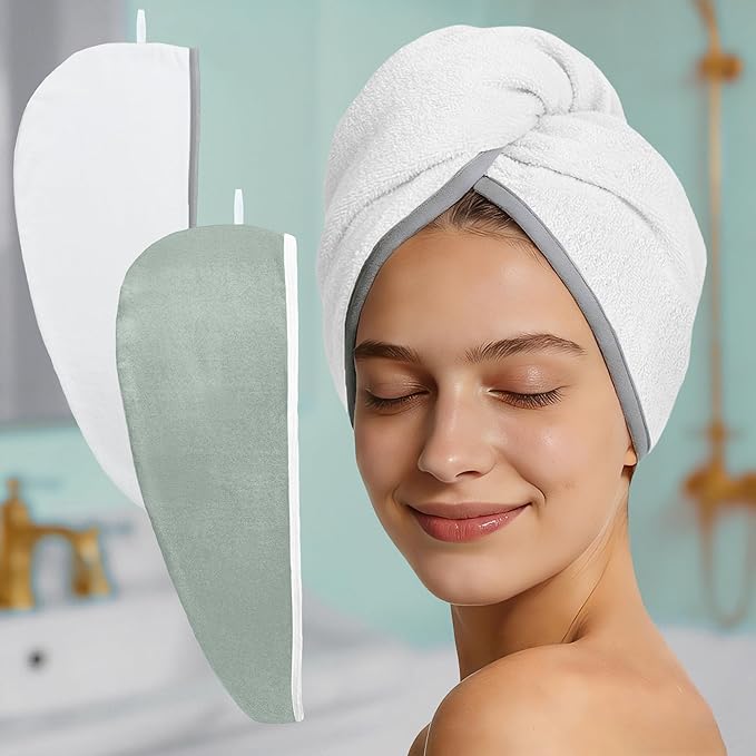 VOOVA & MOVAS Light Gray & White Microfiber Hair Towel Wrap for Women 2Pcs, Super Absorbent Quick Dry Hair Towels for Wet Hair After Shower, Soft Lightweight Hair Wraps