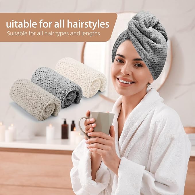 CZZXI 3 PCS Microfiber Hair Towel - Wraps for Wet Hair, Anti Frizz Turbans, for Curly Hair (Beige, Khaki, Grey)
