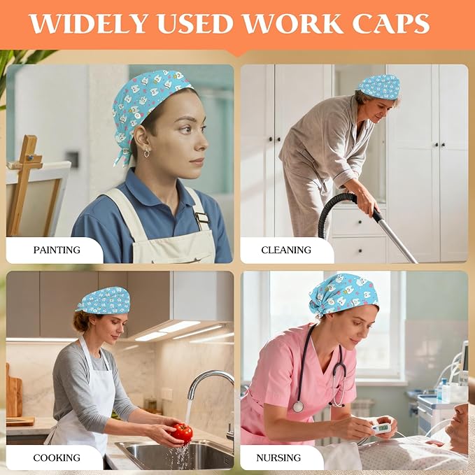 Adjustable Scrub Cap with Buttons & Sweatband, Working Hat with Elastic Tie Back, Unisex Nurse Surgical Caps for Women & Men