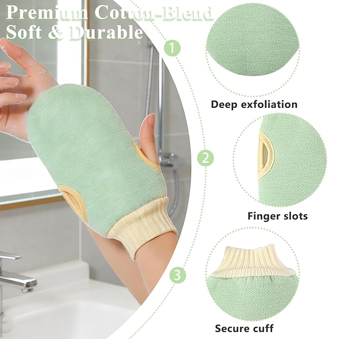 Exfoliating Glove and Back Scrubber for Shower - 3-Piece Exfoliating Mitt Set with Bath Sponge - Deep Skin Cleansing Body Scrubber for Dead Skin Removal, Self-Tan (Green)