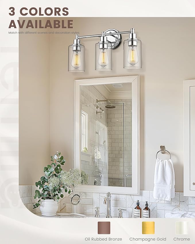 FEMILA Vanity Lighting Fixtures, Modern Bathroom Lights Over Mirror, Wall Lamp with Clear Glass Shade,Chrome Finish,4FYC56B-3W CH