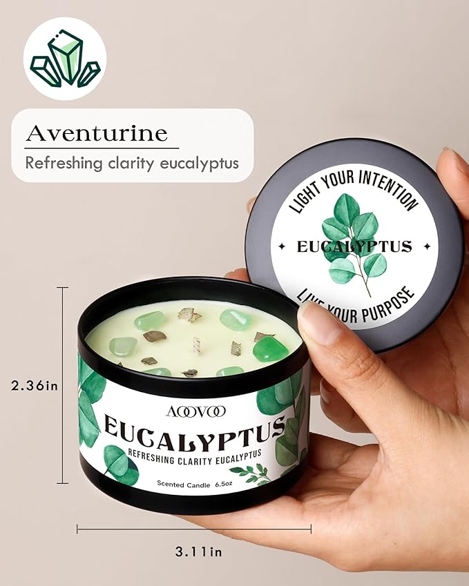 AOOVOO 2 Pack Eucalyptus Mint Candles – Aromatherapy Candle with Crystals & Eucalyptus Leaves, 13oz 100 Hours Long Lasting, Non Toxic Soy Candle for Home Spa Relaxation Meditation Yoga